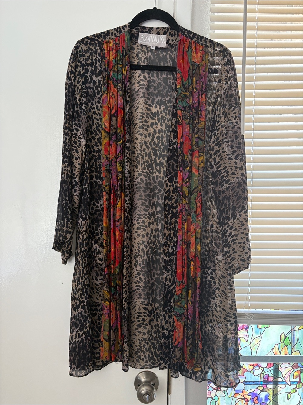 Platinum Black Leopard-Print Sheer Kimono with Floral Trim